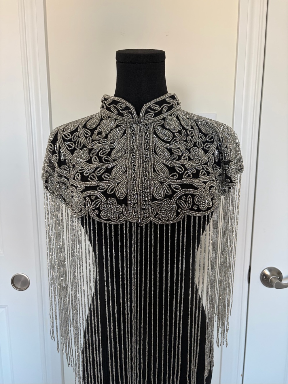 Handmade Silver Beaded Fringe Capelet Art Deco Evening Wrap | One Size
